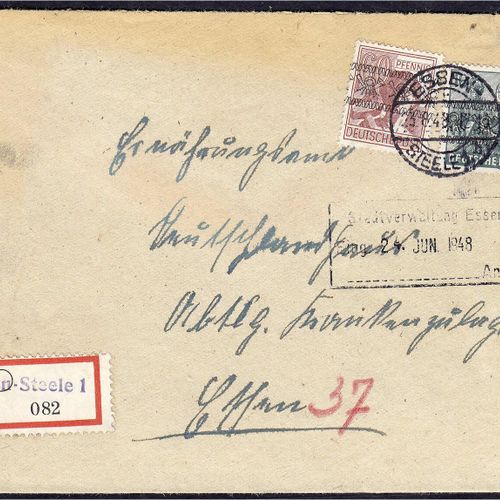 Null 邮票，德国，盟军占领区（美国和英国区），1948年16便士和60便士邮票，第一类重量的本地挂号邮资，以邮票",23.6.48 ESSEN - STEE&hellip;
