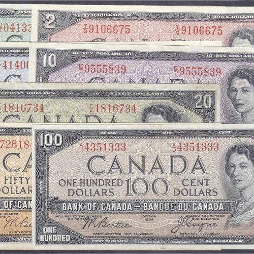 Null Banconote, estero, Canada, 7 note di 1, 2, 5, 10, 20, 50 a. 100 dollari 195&hellip;