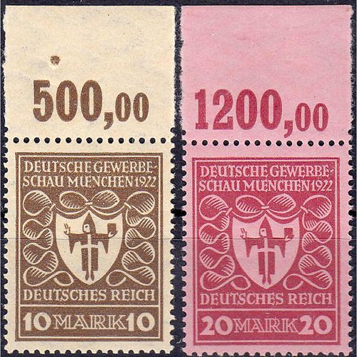 Null 邮票，德国，德意志帝国，10 M + 20 M Deutsche Gewerbeschau 1922，两个来自上边缘的价值，处于薄荷状态，编号203 &hellip;
