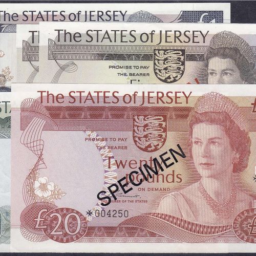 Null Banknotes, foreign, Jersey, 6 bills of 2 X 1, 2 X 5, 10 and 20 Pounds o.D. &hellip;
