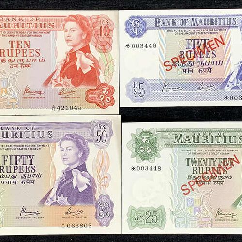 Null 纸币，外国，毛里求斯，英国政府，8张2 X 5、2 X 10、2 X 25和2 X 50卢比的纸币，直径（1967）。每个价值1X套印的 "SPECI&hellip;