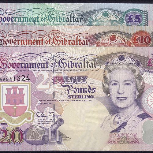 Null Banknotes, foreign, Gibraltar, 3 bills of 5, 10 u. 20 Pounds 1.7.1995. I. P&hellip;