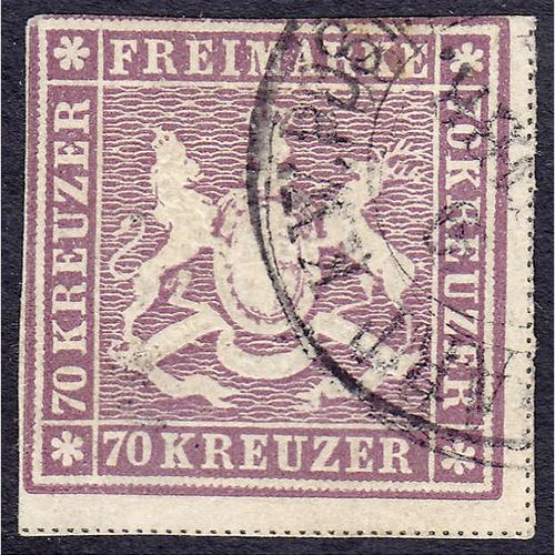 Null 邮票，德国，旧德国，符腾堡州，70 Kreuzer 1873，整齐地注销，颜色为",b"，所有部分都是真品，没有修复。顶端和左边的窄边被修剪，否则宽边&hellip;