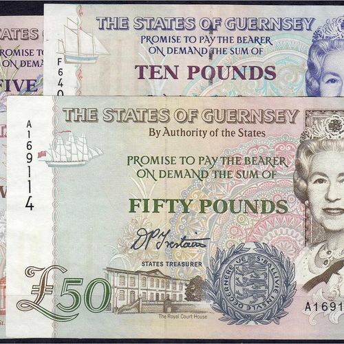 Null Banknotes, foreign, Guernsey, 4 bills of 5, 10, 20 u. 50 Pounds 1995-1996. &hellip;
