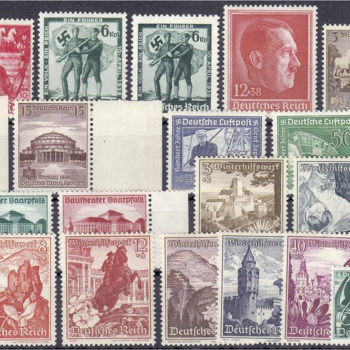 Null 邮票，德国，德意志帝国，1938年年份，完整无缺，状态良好，第672号，有横向胶质凹槽。615,-欧元。
**米歇尔660-685。