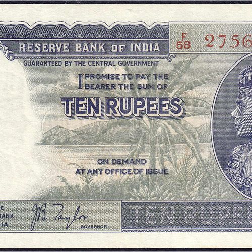 Null 钞票，外国，印度，10卢比1937年。 乔治四世。
II-，针刻。挑选19a。