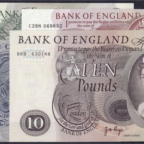Null Banknoten, Ausland, Grossbritannien, 4 Scheine zu 10 Shillings, 1, 5 u. 10 &hellip;