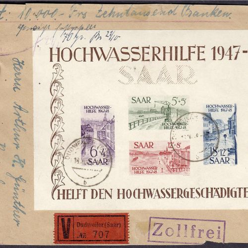 Null 邮票，德国，萨尔州，1948年水灾救济小全张，信的正面整齐地注有",DUDWEILER (SAAR) b 18.10.48.-16"，小全张状况良好。&hellip;