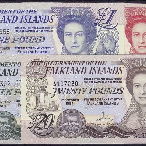 Null Banknotes, foreign, Falkland Islands, 4 bills of 1, 5, 10 u. 20 Pounds 1984&hellip;