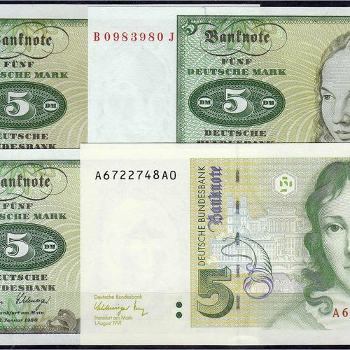 Null 钞票，从1871年开始的德国钞票，根据罗森伯格，西方占领区和联邦德国，从1948年开始，4 X 5德国马克1960，1970，1980 a. 1991&hellip;