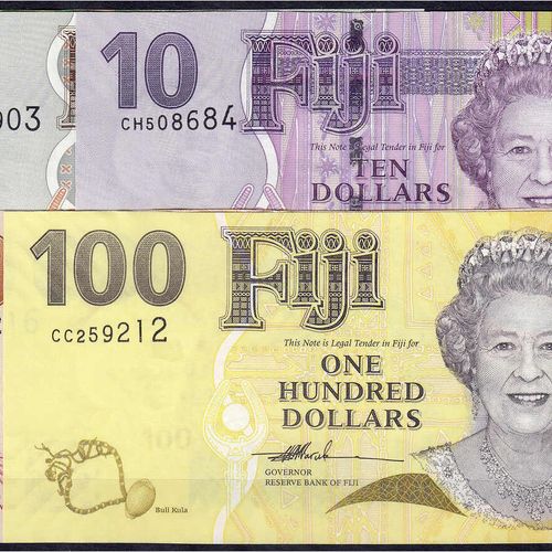 Null 纸币，外国，斐济，全套2，5，10，20，50 a. 100美元2007。 I. Pick 109-114.