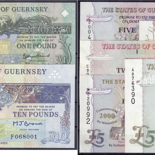 Null Banknoten, Ausland, Guernsey, 9 Scheine zu 2 X 1, 3 X 5, 2 X 10, 20 u. 50 P&hellip;