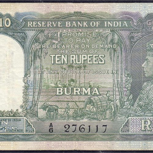 Null Banconote, estero, Myanmar (Birmania), Reserve Bank of India, 10 rupie o.D.&hellip;