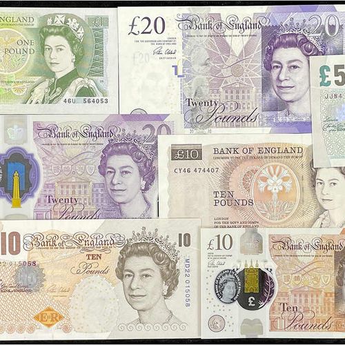 Null 纸币，外国，英国，1970年至2016年的13种不同的纸币1 X 1，每个4 X 5，10 a. 20英镑。不同的条件，大部分是I a. II