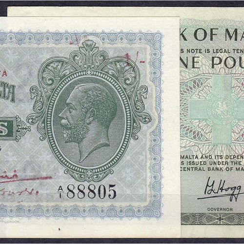 Null Banknotes, foreign, Malta, 1 on 2 shillings and 1 pound (1940) u. (1967). I&hellip;