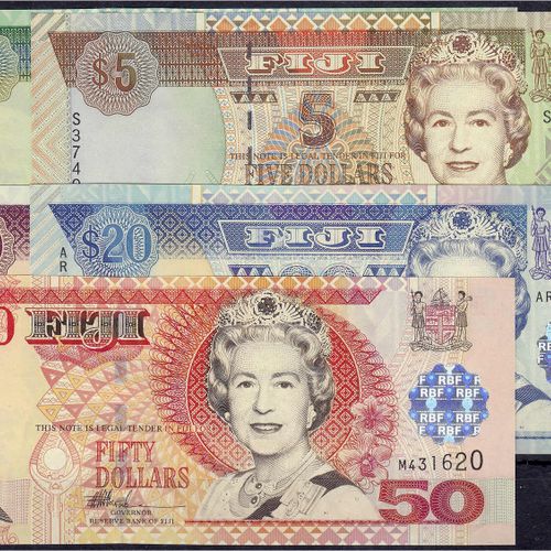 Null Banknoten, Ausland, Fidschi, 5 Scheine zu 2, 5, 10, 20 u. 50 Dollars o.D. (&hellip;