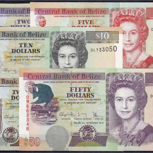 Null Banknoten, Ausland, Belize, 5 Scheine zu 2, 5, 10, 20 u. 50 Dollars 2007-20&hellip;