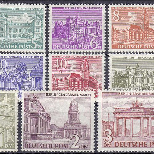 Null 邮票，德国，柏林，1949年的建筑，完整的一套，处于薄荷状态。750,-欧元。
**米歇尔42-60。