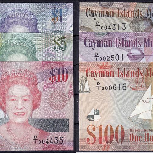 Null Billets de banque, Étranger, Îles Caïmans, 6 coupures de 1, 5, 10, 25, 50 e&hellip;
