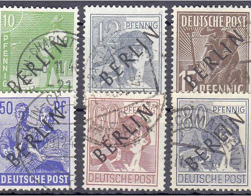 Null 邮票，德国，柏林，2 Pf. - 2 M. 黑色套印1948年，使用整齐，N. 1, 6, 8, 10-12和15-18都是专家Schlegel BP&hellip;