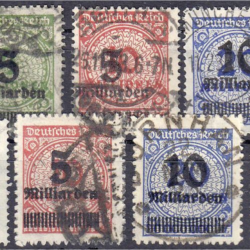 Null 邮票，德国，德意志帝国，200万套50亿-1亿套100亿邮票，1923年，两套使用过的邮票包括B型齿孔，每套价值为专家级的Infla或BPP。
使用。&hellip;