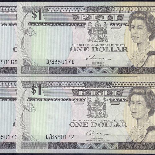 Null Banknoten, Ausland, Fidschi, 4 X 1 Dollar o.D. (1987). Fortlaufende KN. D/8&hellip;