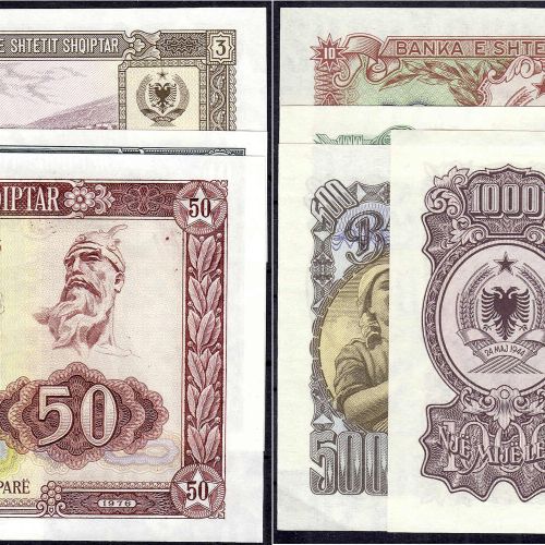 Null Banknoten, Ausland, Albanien, Insgesamt 11 Scheine, 5 X aus 1957 zu 10, 50,&hellip;