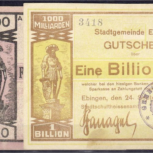 Null 纸币，德国紧急货币和KGL，Ebingen（符腾堡州），市政当局，3张1，500bn.和1 trio的纸币。1923年9月24日标记，纪念碑和塔。
三&hellip;