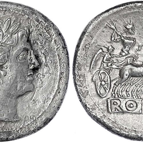Null 罗马硬币，罗马共和国，公元前211-130年无名氏，公元前217/214年朱庇特下的亚努斯头像/罗马，右面是四角形的维克多拉。6.24克。
，非常好，&hellip;