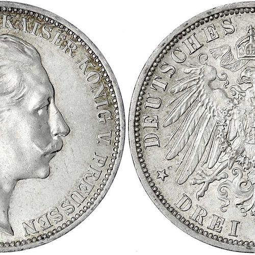 Null Imperial silver coins J. 19-178, Prussia, Wilhelm II, 1888-1918, 3 Mark 191&hellip;