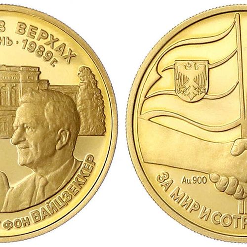 Null 外国金币和奖章，俄罗斯，苏联（USSR），1922-1991年，1989年戈尔巴乔夫/魏茨泽克会议的金牌。10,20 g.900/1000。 在胶囊中&hellip;
