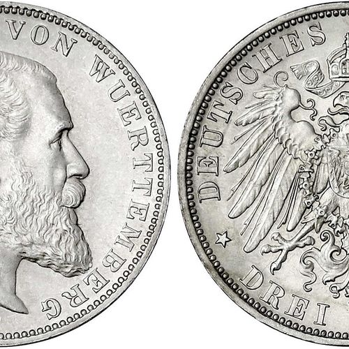 Null 帝国银币J.19-178，符腾堡州，威廉二世，1891-1918，1908年3马克F.抛光板，已触及。Jaeger 175。