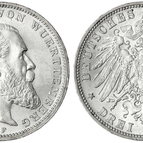Null Reichssilbermünzen J. 19-178, Württemberg, Guillaume II, 1891-1918, 3 Mark &hellip;