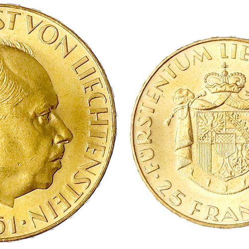 Null 外国金币和奖章，列支敦士登，弗朗茨-约瑟夫二世，1938-1989年，2件：25和50法郎1961年，100年国家银行。共16.94克。900/100&hellip;