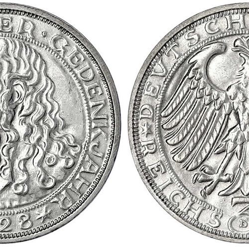 Null 魏玛共和国，纪念币，3 Reichsmark Dürer，1928 D.好的优秀。Jaeger 332。