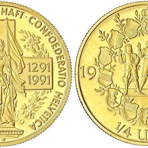 Null 外国金币和奖牌，瑞士，联邦，自1850年以来，1991年纪念瑞士联邦700年的1/4盎司精金奖牌。
抛光板