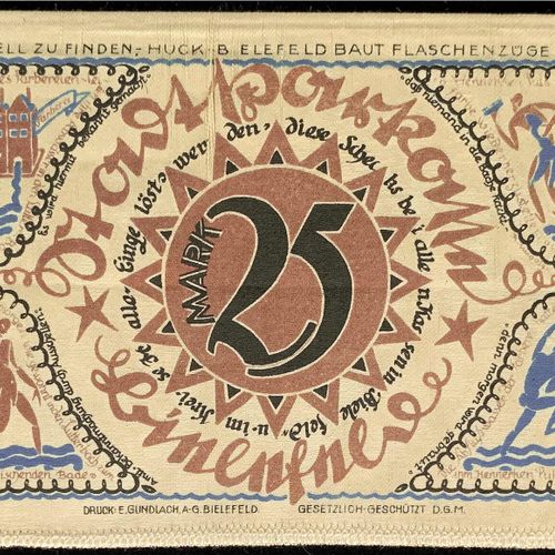 Null 钞票，德国Notgeld和KGL，比勒费尔德（威斯特伐利亚），Notgeld besonderer Art，25马克丝绸，白色15.7.1921。 R&hellip;