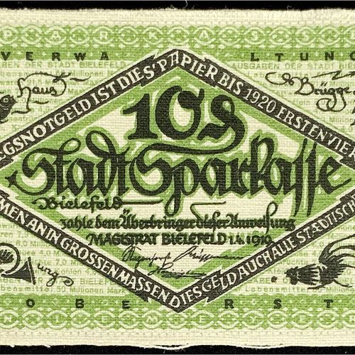 Null 钞票，德国紧急货币和KGL，比勒费尔德（威斯特伐利亚），特殊种类的紧急货币，10Pfg.亚麻布，白色1919年4月1日-1920年4月1日。 印刷绿色&hellip;