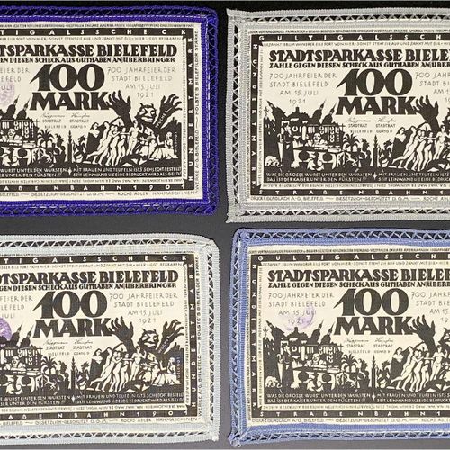 Null 纸币，德国紧急货币和KGL，比勒费尔德（威斯特伐利亚），特殊种类的紧急货币，4 X 100马克亚麻布，白色15.7.1921 "法国违反条约"。都有边&hellip;
