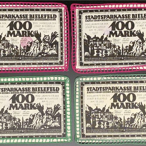 Null 纸币，德国紧急货币和KGL，比勒费尔德（威斯特伐利亚），特殊种类的紧急货币，4 X 100马克亚麻布，白色15.7.1921 "法国违约"。2个带绿色&hellip;