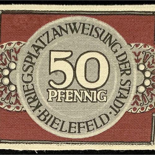 Null 钞票，德国Notgeld和KGL，比勒费尔德（威斯特伐利亚），Notgeld besonderer Art，50 Pfg.亚麻布，白色1.3.1918&hellip;