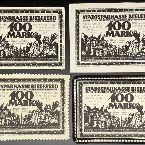 Null 纸币，德国紧急货币和KGL，比勒费尔德（威斯特伐利亚），特殊种类的紧急货币，4 X 100马克亚麻布，白色15.7.1921 "法国违约"。2个直边但&hellip;