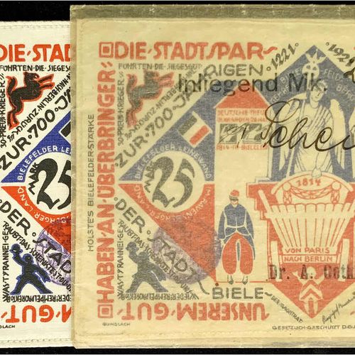 Null 纸币，德国紧急货币和KGL，比勒费尔德（威斯特伐利亚），特殊种类的紧急货币，3 X 25马克亚麻布，白色15.7.1921 - 1.4.1922。欧特&hellip;