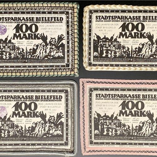 Null 纸币，德国紧急货币和KGL，比勒费尔德（威斯特伐利亚），特殊类型的紧急货币，4 X 100马克亚麻布，白色15.7.1921 "法国违反条约"。都用不&hellip;