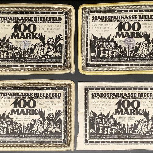 Null 纸币，德国紧急货币和KGL，比勒费尔德（威斯特伐利亚），特殊种类的紧急货币，4 X 100马克丝，白色15.7.1921 "法国违反条约"。1件有直边&hellip;