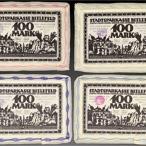 Null 纸币，德国紧急货币和KGL，比勒费尔德（威斯特伐利亚），特殊类型的紧急货币，4 X 100马克亚麻布，白色15.7.1921 "法国违反条约"。都有边&hellip;