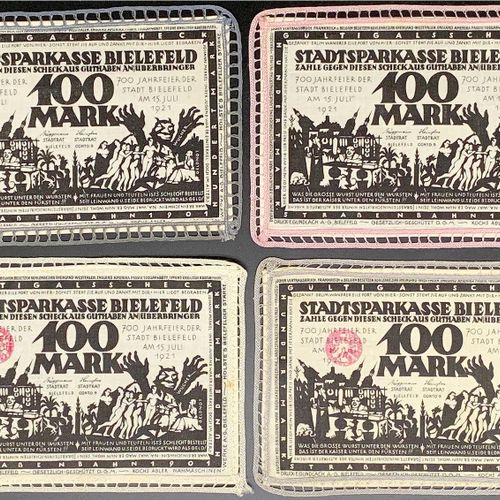 Null 纸币，德国紧急货币和KGL，比勒费尔德（威斯特伐利亚），特殊种类的紧急货币，4 X 100马克亚麻布，白色15.7.1921 "法国违约"。都有边框，&hellip;