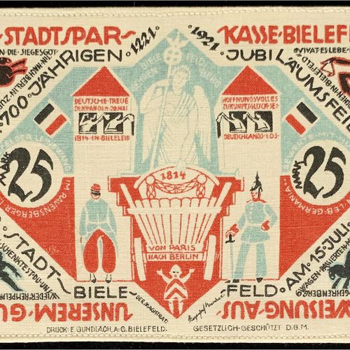 Null 钞票，德国Notgeld和KGL，比勒费尔德（威斯特伐利亚），Notgeld besonderer Art，25马克亚麻布，白色15.7.1921-1&hellip;