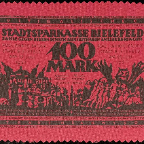 Null 纸币，德国紧急货币和KGL，比勒费尔德（威斯特伐利亚），特殊类型的紧急货币，证明100马克15.7.1921 "法国违反条约"。在红色丝绸（礼服面料）&hellip;