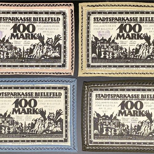 Null 纸币，德国紧急货币和KGL，比勒费尔德（威斯特伐利亚），特殊种类的紧急货币，4 X 100马克亚麻布，白色15.7.1921 "法国违反条约"。都有边&hellip;